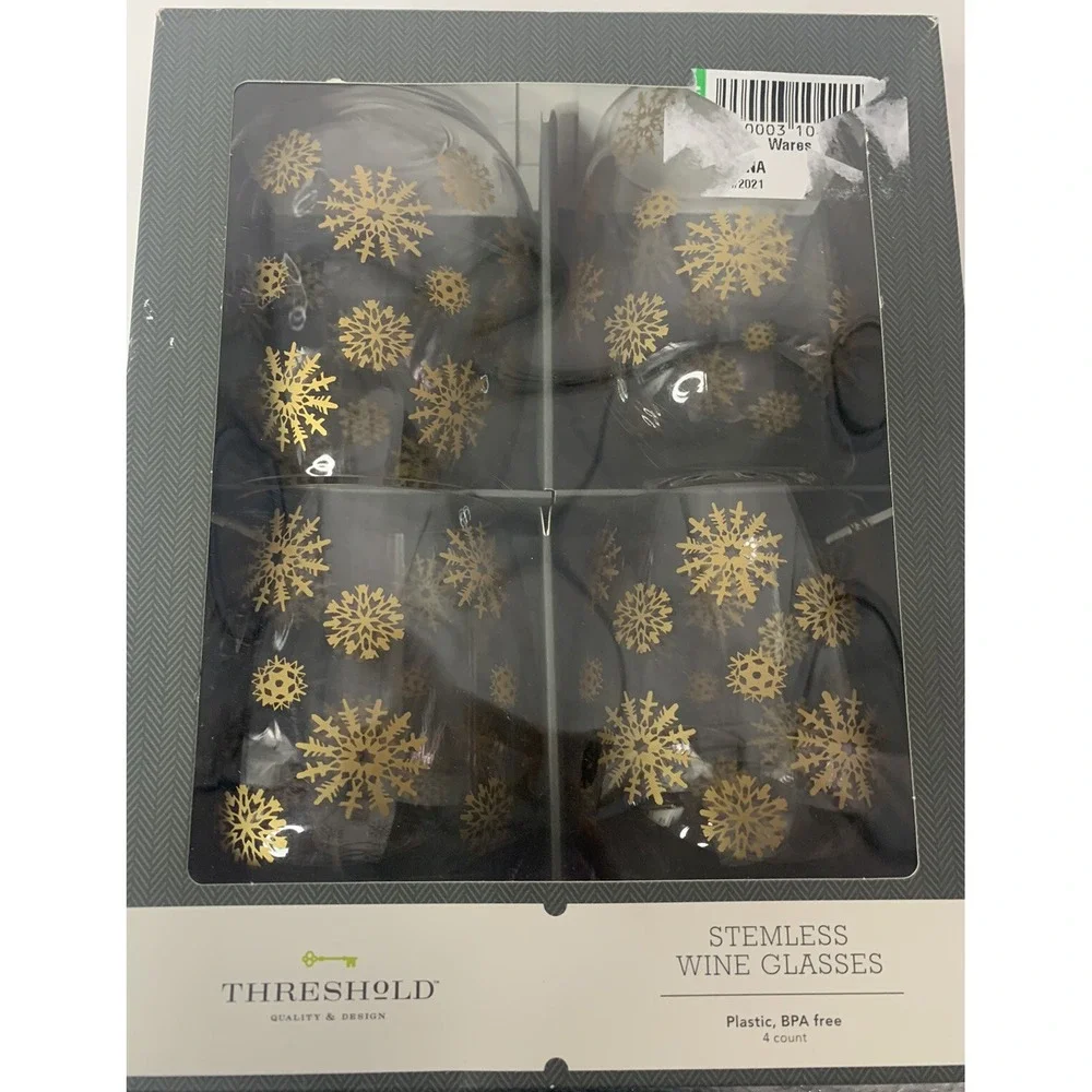 Wine Glasses Threshold Stemless 4 Count Plastic BPA Free Clear Gold New